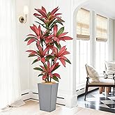 6FT Artificial Dracaena Tree - 72in Faux Dracaena Tree with Gray Planter, Realistic Trunk & Lifelike Red Foliages, Tall Fake Tropical Floor Plant Potted for Home Office Living Room Indoor Decor