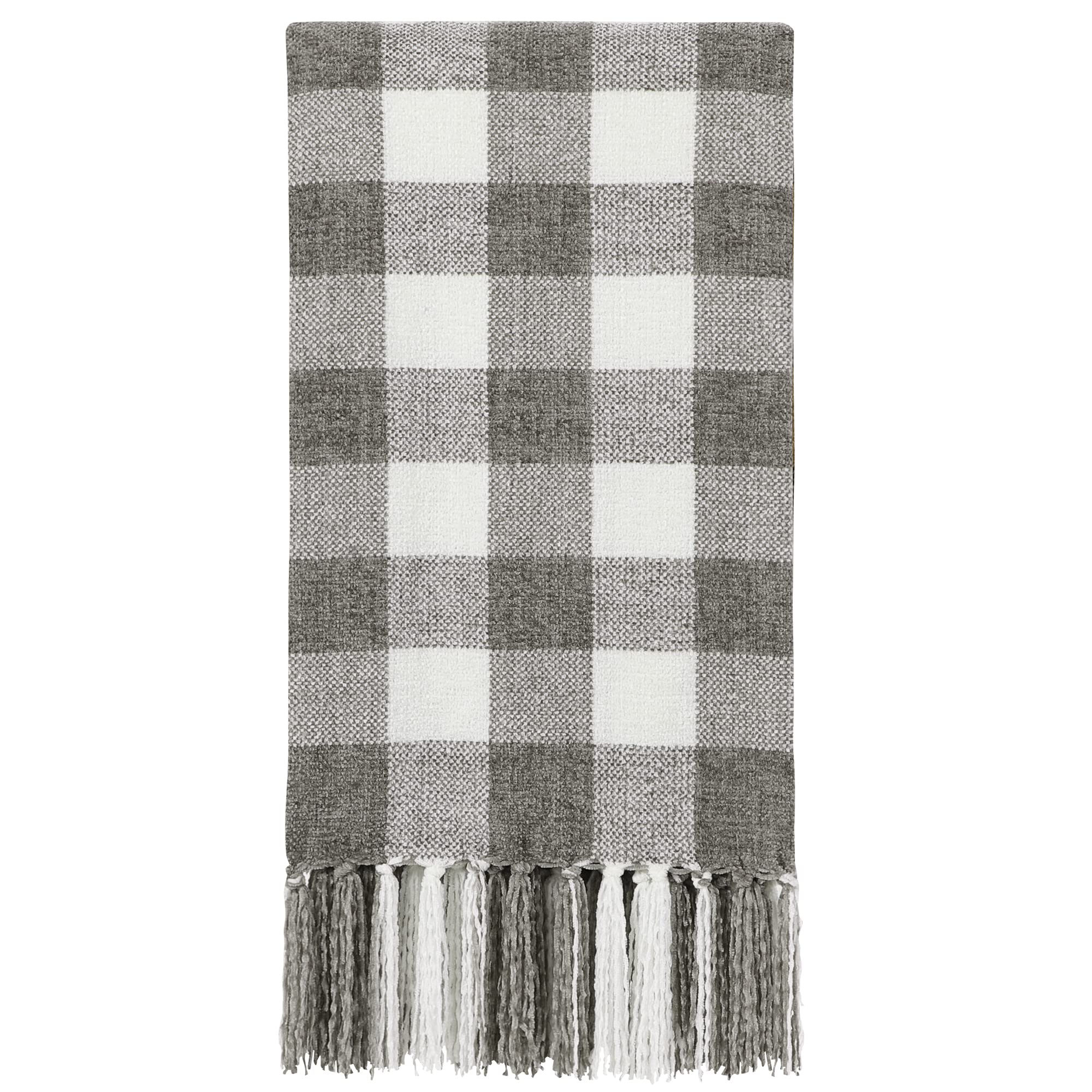 PiccoCasa Chenille Throw Blankets, Plaid Pattern Throw Blankets, Lightweight and Soft Blanket with Tassels for Travel, Couch, Bed, Sofa Grey and White 150x200cm
