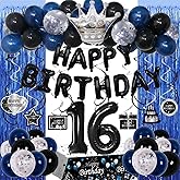 16 Birthday Decorations for Boys, Sweet 16 Party Decorations Happy 16th Birthday Decorations Boy Girls, Blue 16 Year Old Balloons, Tablecloth, Foil Curtains, Large Number 16 Balloon 16th Bday for Son