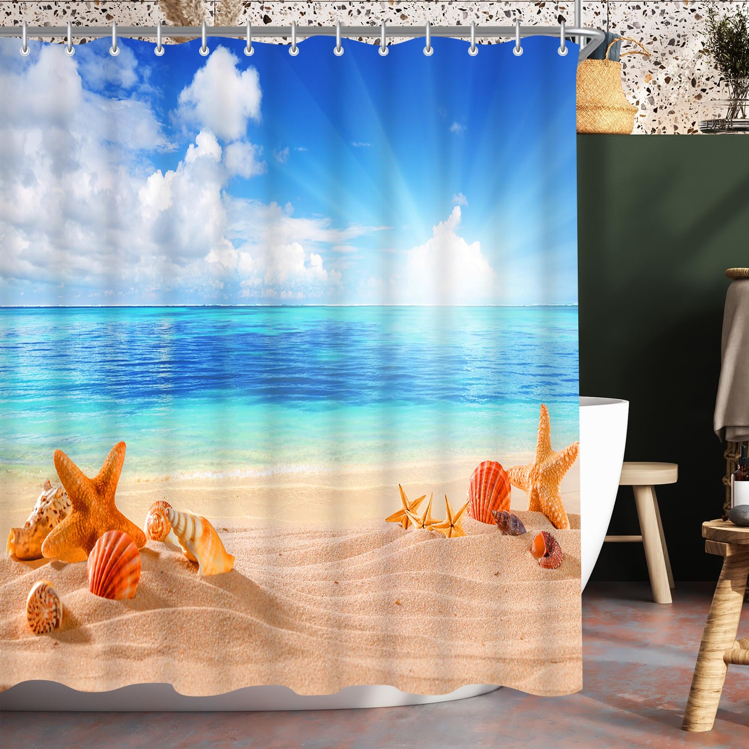 Lerores Shower Curtain, 180 x 200 cm, Sea Blue, Weighted Hem, Anti-Mould Textile, Water-Repellent, Washable Polyester Bath Curtains with Eyelets and 12 Shower Curtain Rings for Bathroom, Bathtub