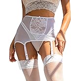 ohyeah Plus Size High Waist Garter Belt Hollow Out Mesh Lace 6 Vintage Straps Garter and Thong Set