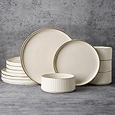 Famiware Plates and Bowls Set with Rim, Stoneware Dinnerware Sets for 4 | 12-Piece Ceramic Dishes with Lipped Edges, Chip &amp; Scratch Resistant, Microwave &amp; Dishwasher Safe, Everyday Formal Use, Cream