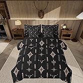 Feelyou Rustic Western 7 Piece Bedding Set Queen Size Kids Western Tribal Bull Skull Bed in a Bag Adult Black Brown Boho Ethnic Aztec Cow Pattern Comforter Set with Sheets