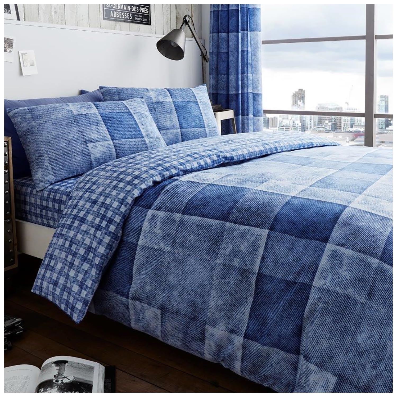 GC GAVENO CAVAILIA Printed Duvet Cover Sets, Reversible Bedding Bed Set, Polycotton Quilt Covers, Denim Check-Blue, Single