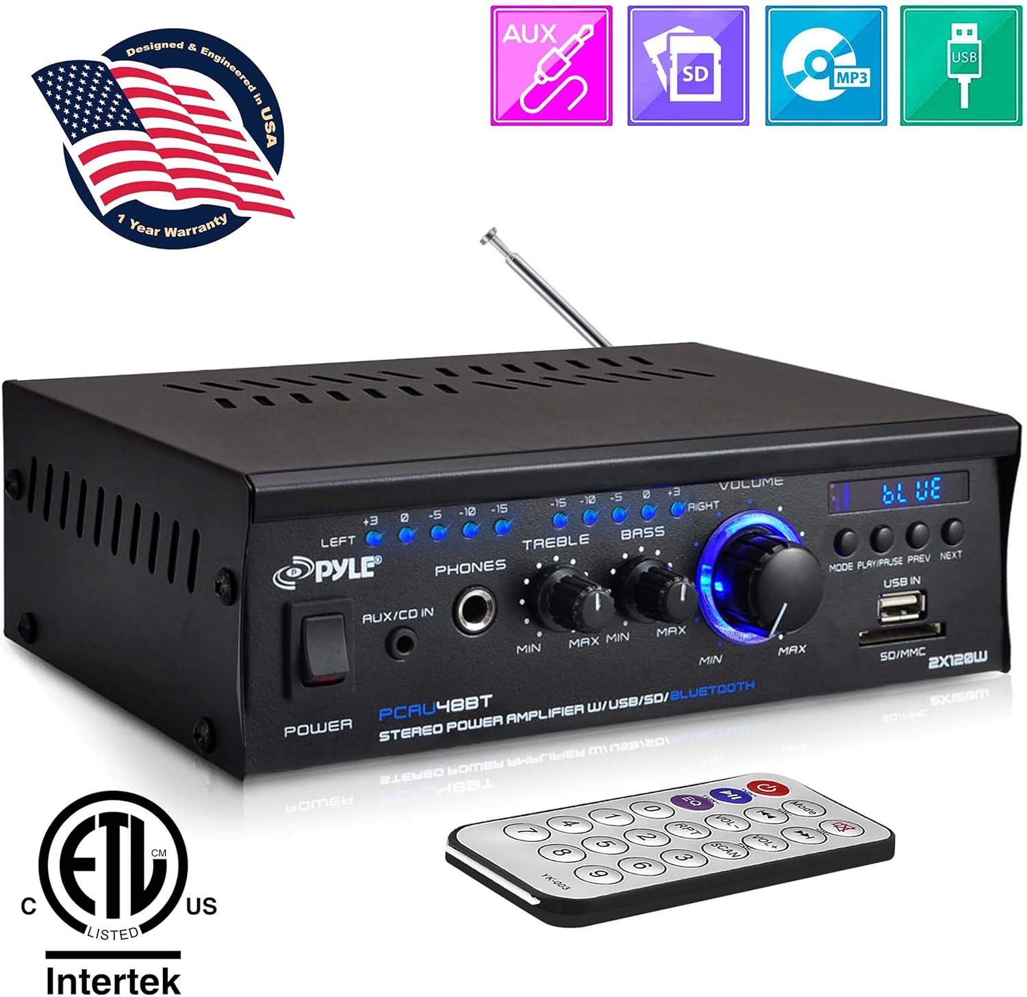 Pyle PCAU48BT 2 x 120 W Bluetooth Stereo Power Amplifier with USB/SD/AUX and Remote Amazon.co