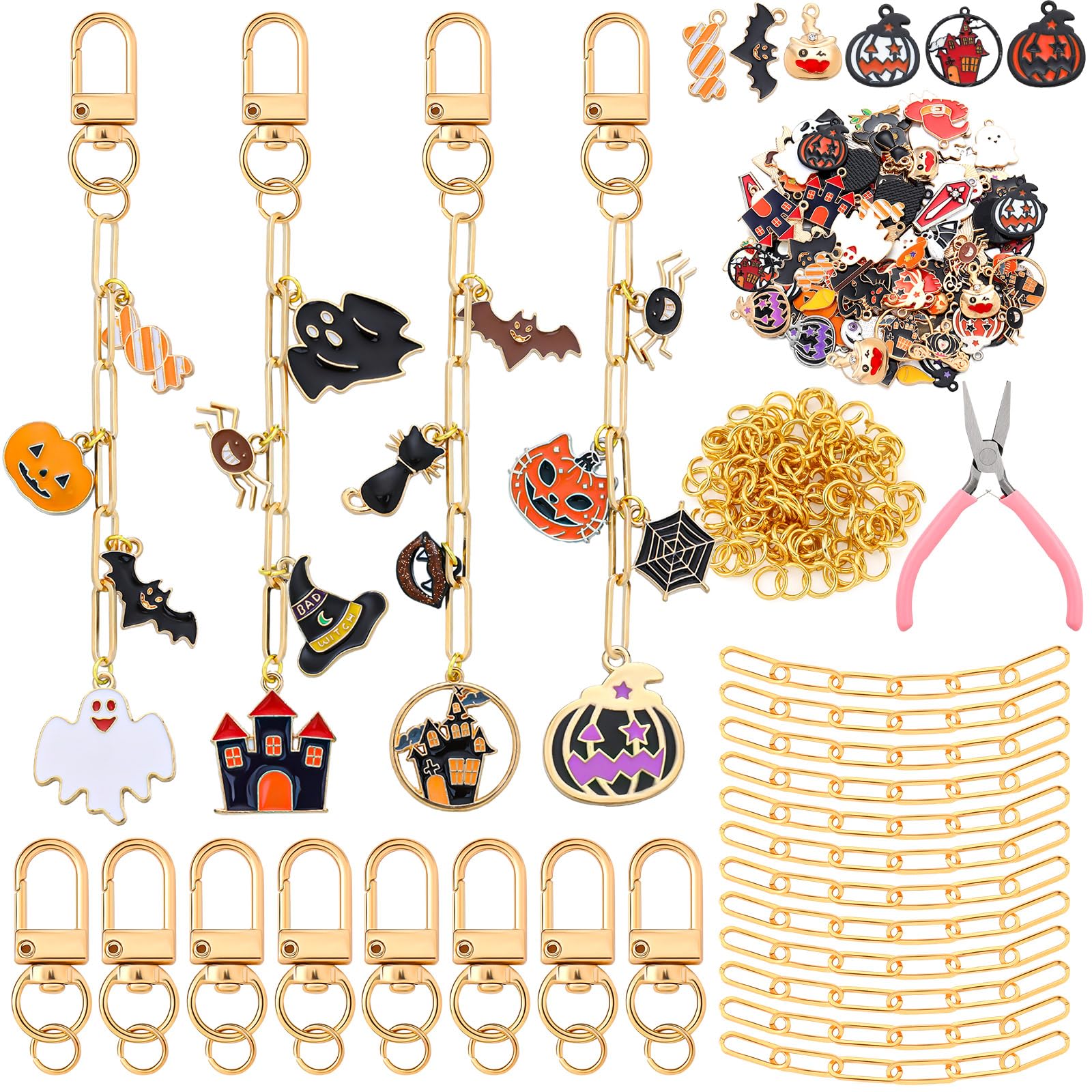 Photo 1 of Tondiamo 286 Pieces Halloween Charms Keychain Making Kit Halloween Ghost Black Cat Bat Witch Hat Charms for DIY Carfts Keychains Jewelry Making Adult Party Favor Women Bag Gifts