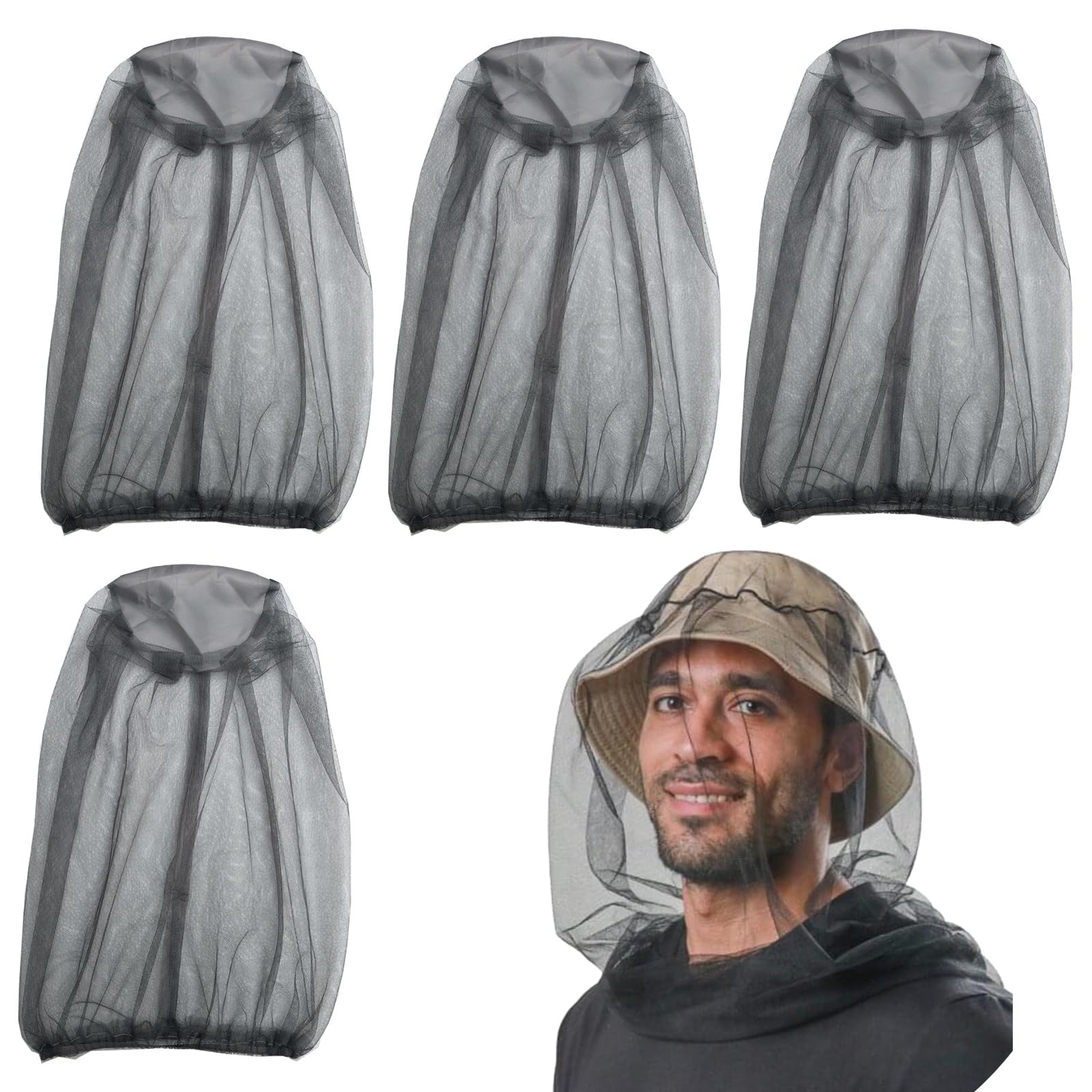 4 Pack Mosquito Net, Mosquito Head Net Mesh Hat, Mosquito Face Net, Garden Bug Face Shield Insect Repellent Net Head Mosquito Net, Insect Mesh Face Covering for Hiking Camping Bug Bee Keeper Gardening