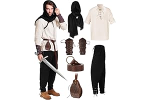 MEISTUIK 6 Pcs Men's Renaissance Viking Costume Medieval Pirate Shirt Pant Accessories Set for Halloween