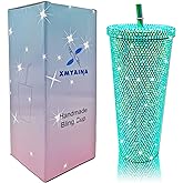 XMYAINA 26oz Bling Cup Diamond Studded Tumbler Glitter Water Bottle with Lid and Straws Stainless Steel Vacuum Insulated Coffee Ice Cup Gift for Women(Peacock Blue)