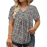 VISLILY Women's Plus-Size-Summer-Tops Trendy Henley V Neck T-Shirts Flowy Pleated Tunics Short Sleeve Buttons Up Blouses