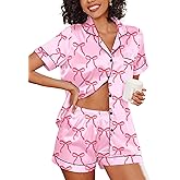 Ekouaer Women's Silk Satin Pajama Set Short Sleeve Pjs Shorts Set Comfy Button Down 2 Piece Sleepwear Loungewear