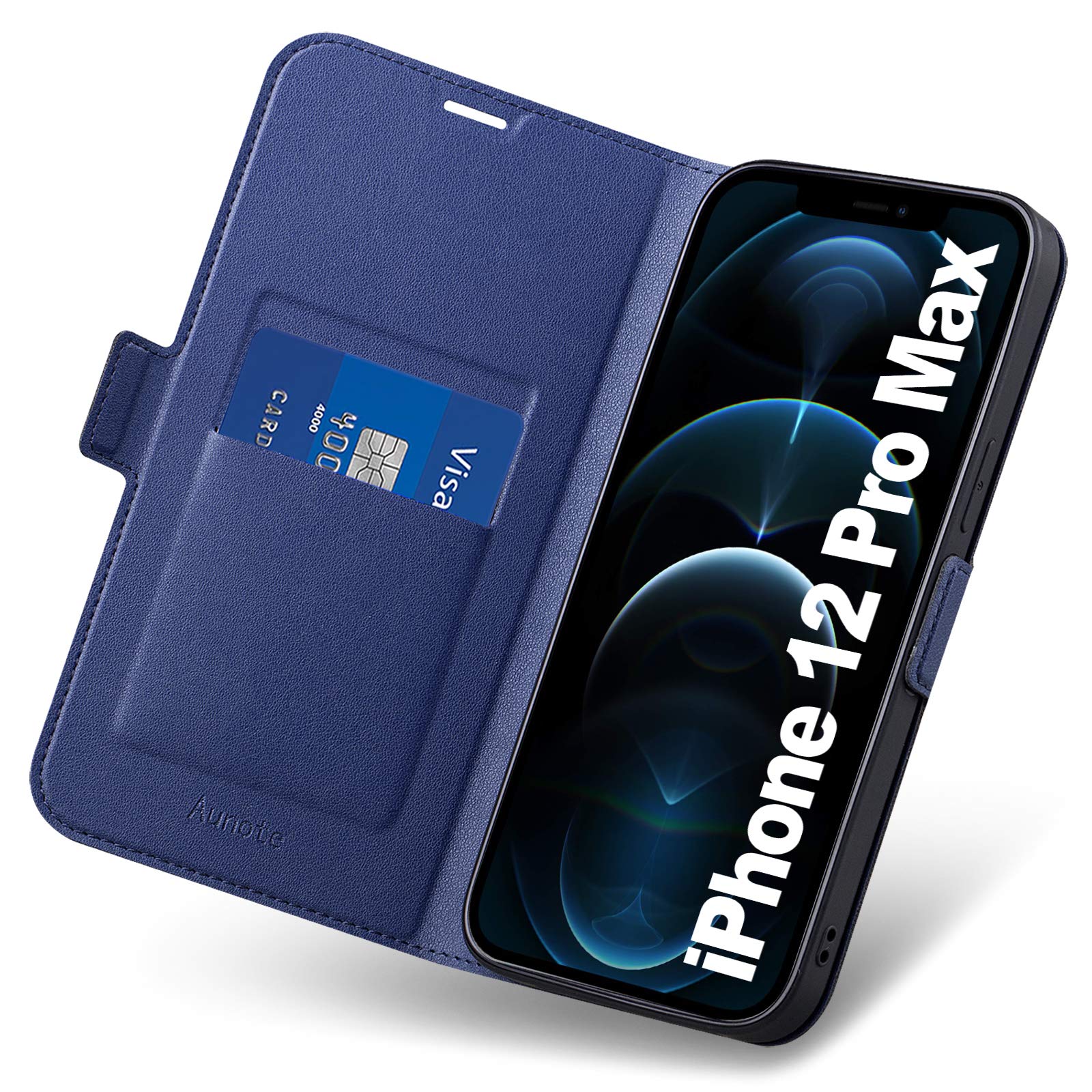 Aunote iPhone 12 Pro Max Phone Case, iPhone 12 Pro Max Wallet Flip Case with Card Holder, Card Slot, Ultra Slim, Kickstand. PU Leather Phone Cover iPhone 12 Pro Max. Blue