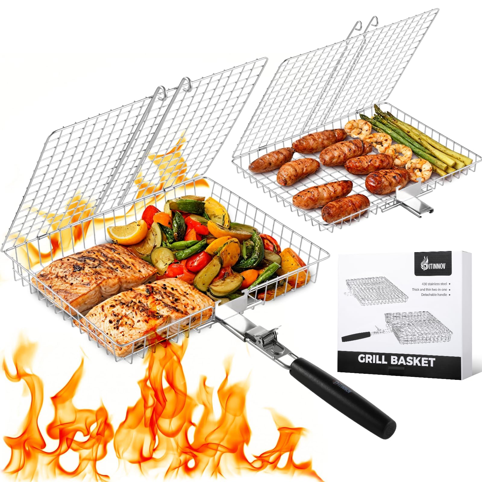 Photo 1 of ***MISSING HANDLES*** Nesting Grill Baskets, 2pcs Grilling Baskets for Outdoor with Removable Handle, Stainless Steel BBQ Camping Cooking Accessories Tools for Fish, Vegetable, Shrimp - Gifts for Men Dad Husband