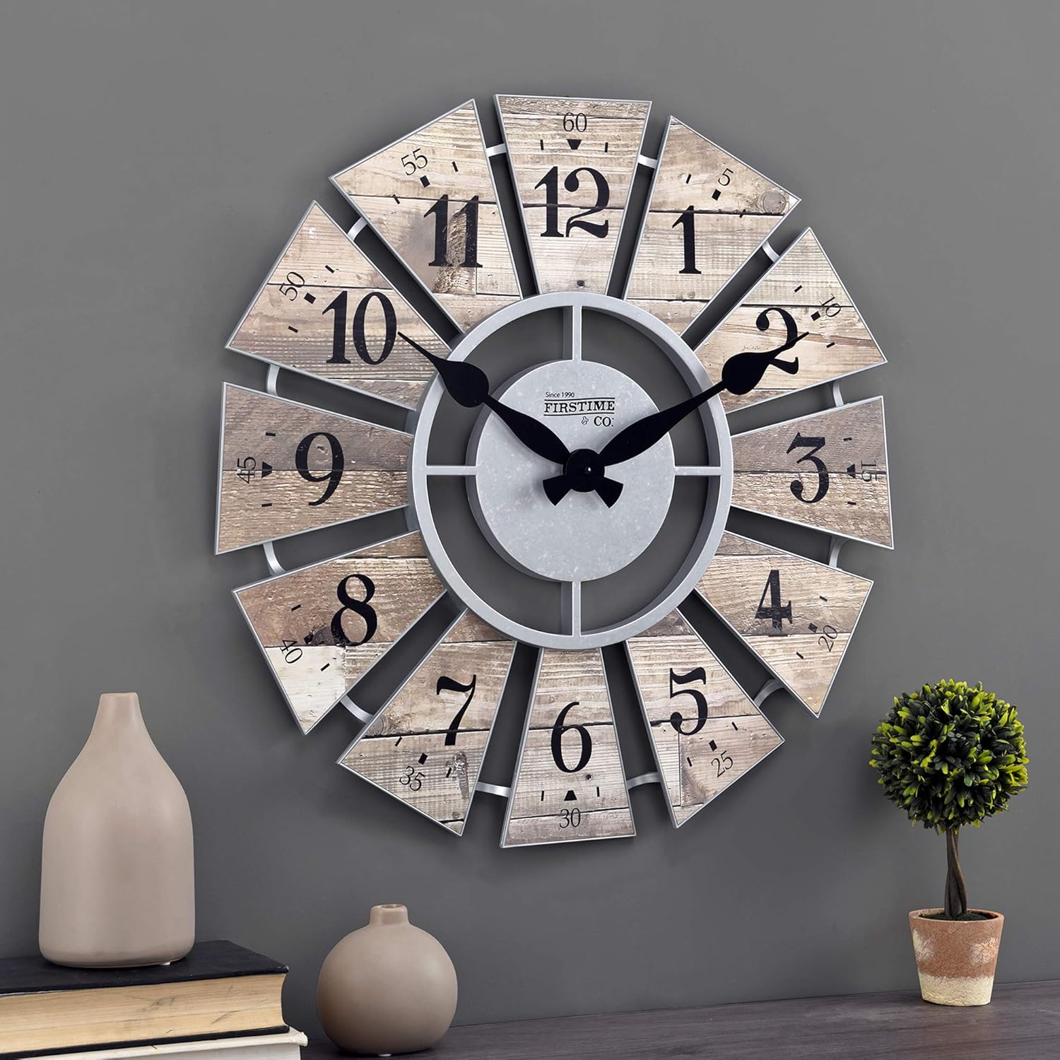 FirsTime & Co.® Brown Shiplap Farmhouse Windmill Clock, American
