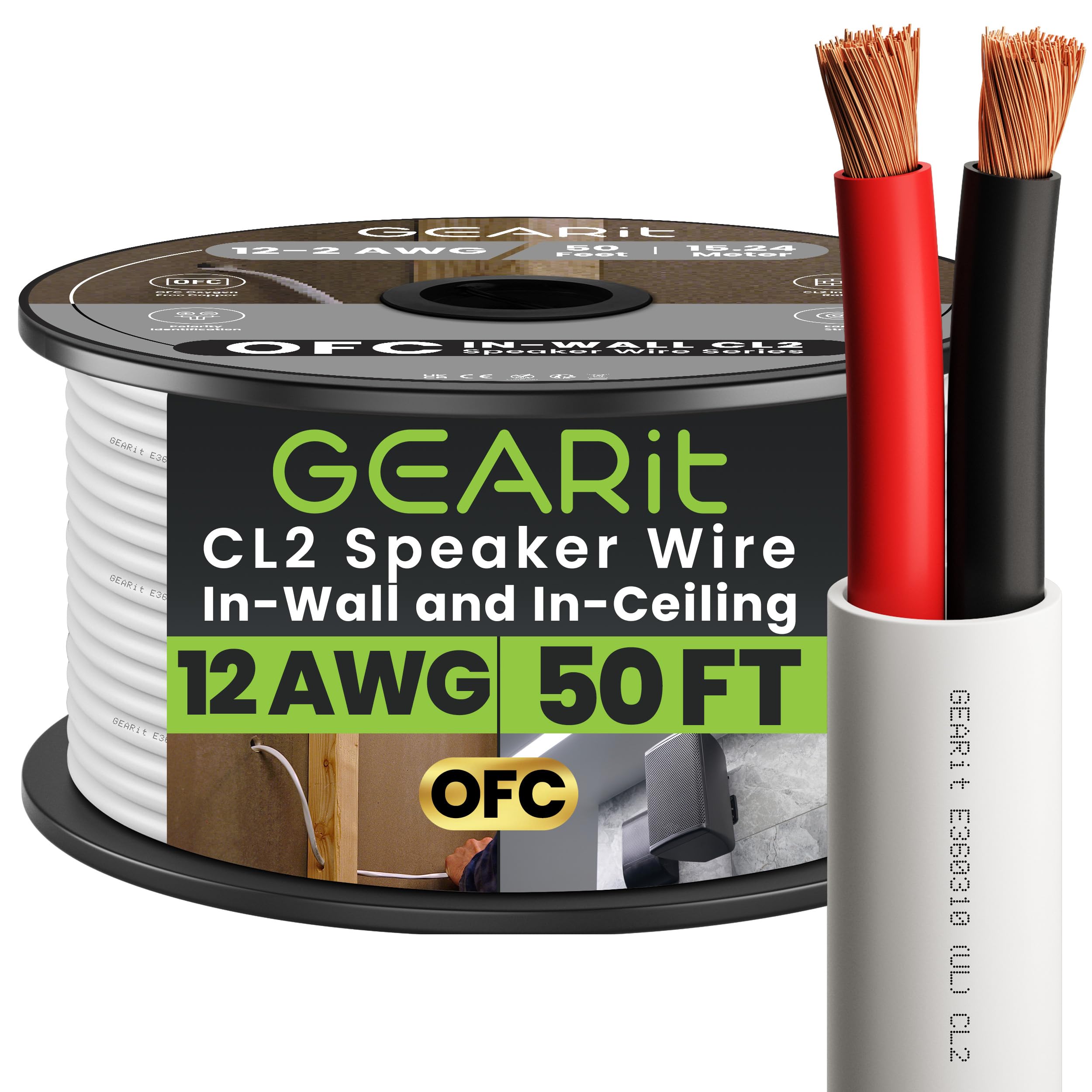 GearIT In-Wall Speaker Wire OFC 2x4mm≤ (15.24 Meters - White) Oxygen-Free Copper - Hi-Fi Audio Cable for In-Wall / CL2 Rated / 2-Conductors - 12 Gauge AWG, 50 Feet