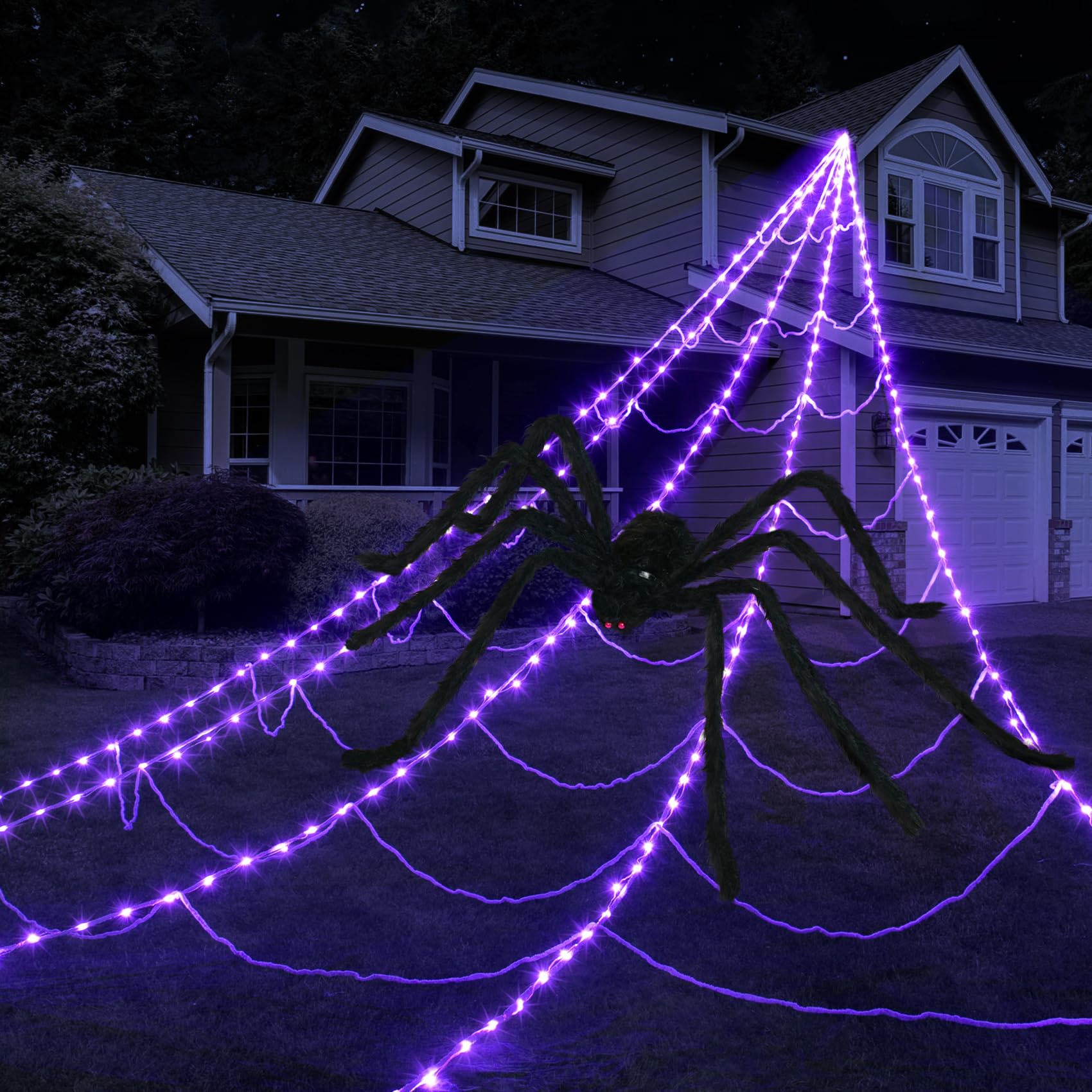 Photo 1 of Halloween Spider Web Lights Decoration 250 LED Light up Spider Webs Halloween Decorations Outdoor with 59" Large Spider & 3.53 oz Stretch Cobweb 16.4 Ft Giant Web with 8 Modes (Purple)