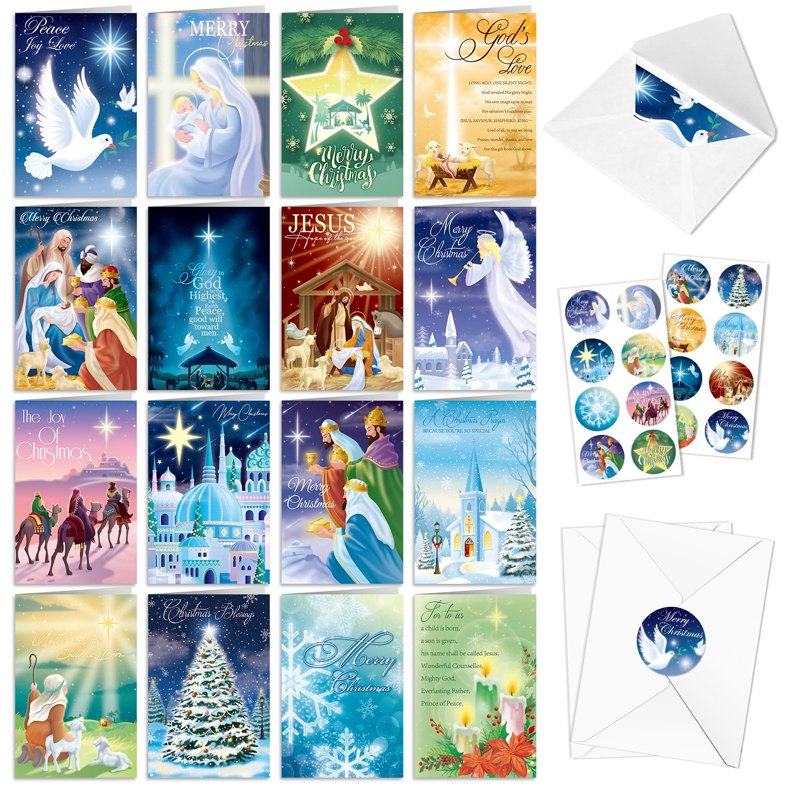 DPKOW Religious Christmas Cards Multipack, 16 Style Christian Christmas Card Greeting Xmas Gift Card Nativity Cards with Envelopes and 16 Sealing Stickers for Kids and Family, Blank Inner — image 1