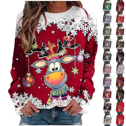 Christmas Jumpers For Women Uk Cute Reindeer Print Christmas Sweatshirts For Women Fashion Crew Neck Xmas Top Casual Long Sleeves Ladies Plus Size Jumpers Winter Warm Fleece Pullover Sweaters Red