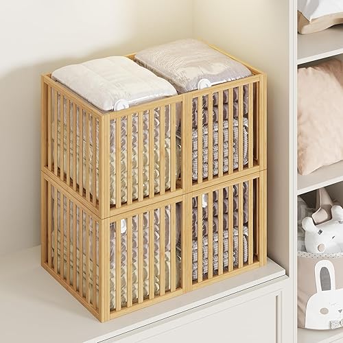 WISUCART 90 L Large Storage Bins, 2 Pack Clothes Storage Bins Foldable Closet Organizers Storage Containers for Clothing, Blanket, Comforters, Bed Sheets, Pillows and Toys(Nature Tall (25"×16"x12"))