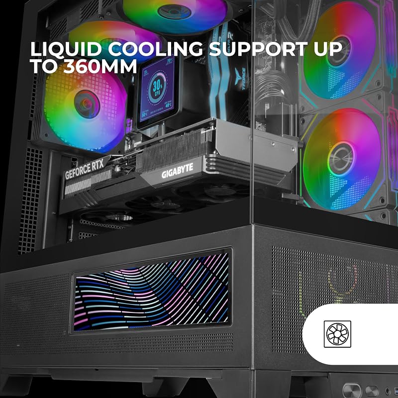 MC-LCDX, Caja Gaming ATX, Pantalla IPS 9.16" Integrada y Conexión HDMI, Cristal Templado Continuo, Panel Inferior Full Mesh, Doble Cámara, Soporte Refrigeración Líquida hasta 360mm, Negro