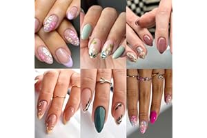 CTTHNBD 6 Packs (144 Pcs) Almond, Flower & Leaf Press on Nails - Short, Medium Sizes - 6 Styles - Fake Nails Kit for Women