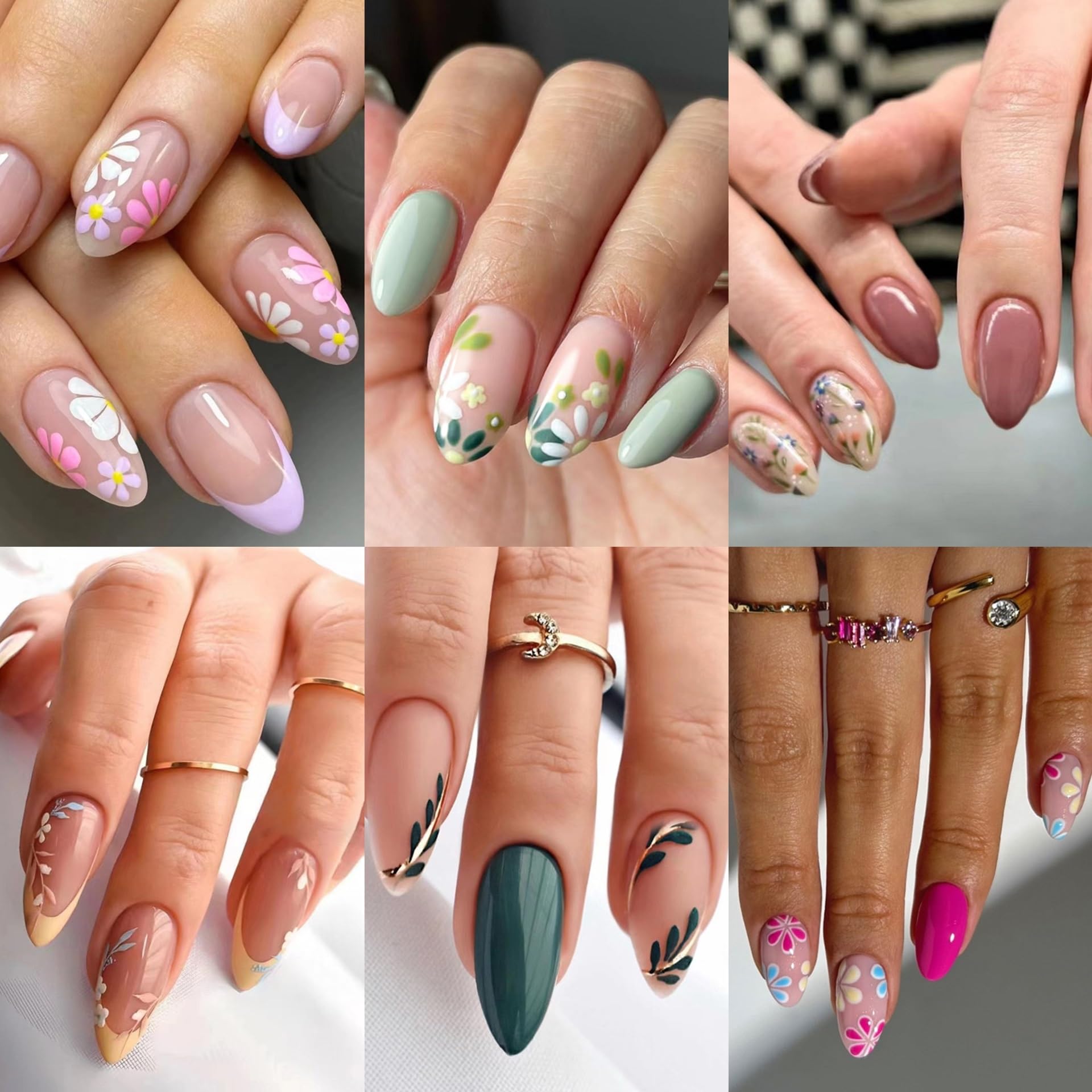 Photo 1 of 6 Packs (144 Pcs) Almond, Flower & Leaf Press on Nails - Short, Medium Sizes - 6 Styles - Fake Nails Kit for Women