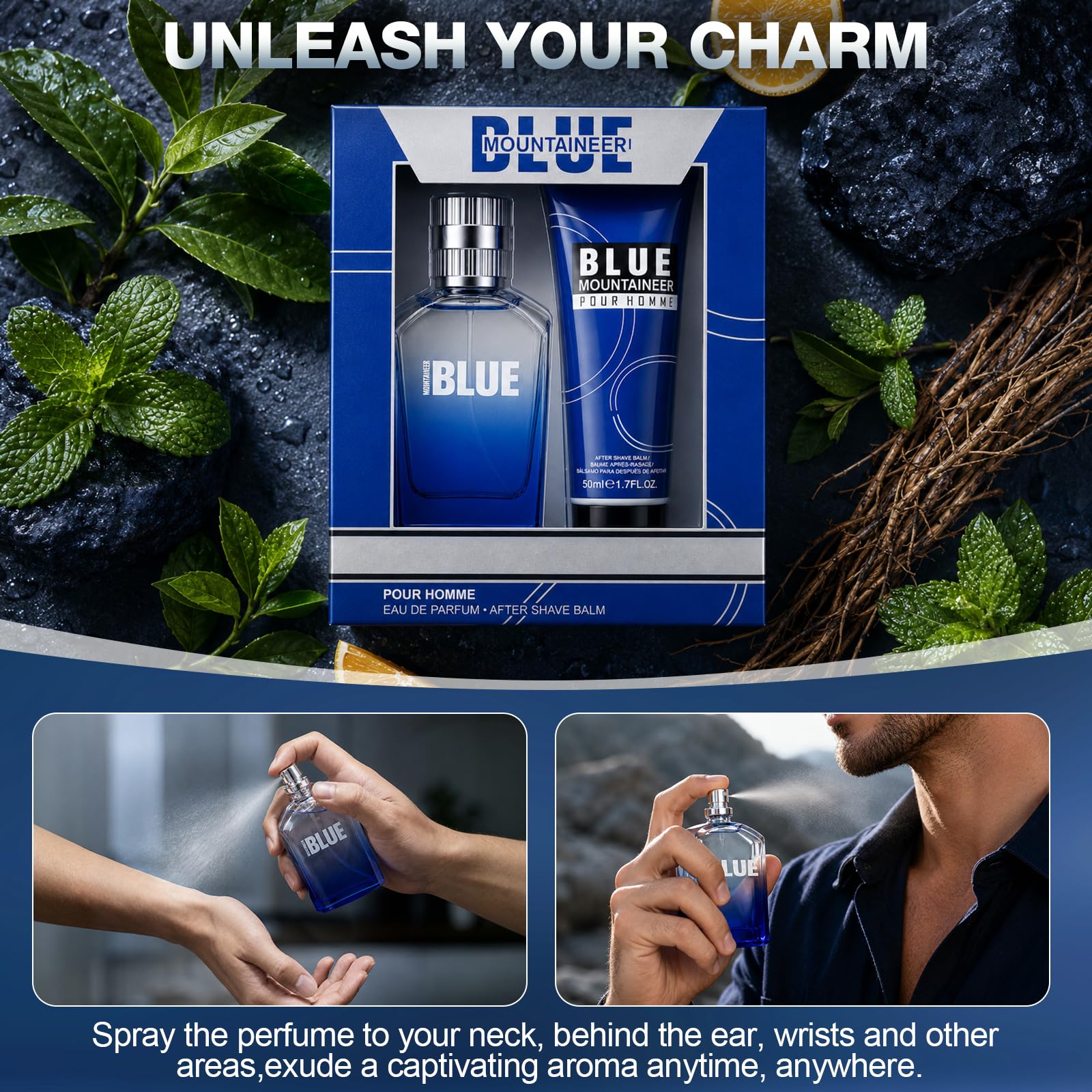Parfüm Herren Geschenkset Männer, Eau de Parfum 30ml + After Shave Balsam 50ml, Langanhaltender Holznote mit Minze Tee Vetiver, Duft-sets für Herren-Vatertag & Geburtstag& Valentinstag 7