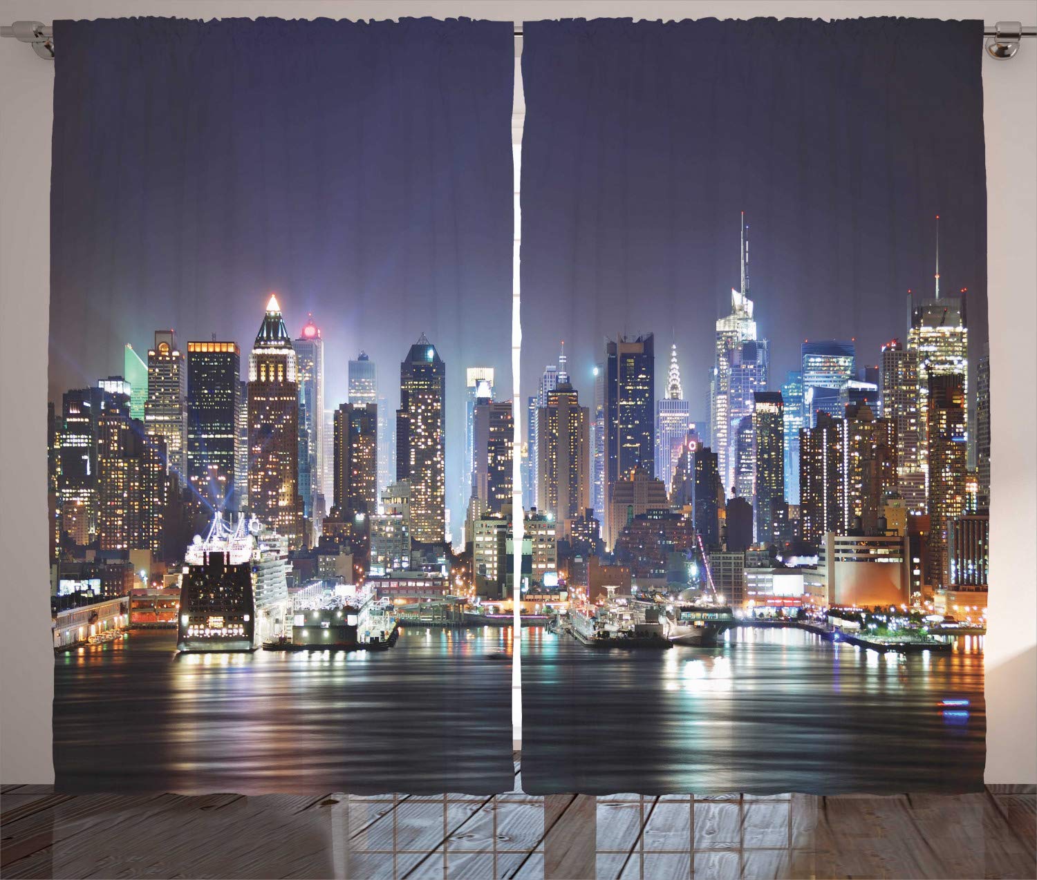 ABAKUHAUS New York Curtains, Manhattan Skyline at Night Skyscrapers Panoramic on Tranquil River Picture, Living Room Bedroom Window Drapes 2 Panel Set, 280 x 225 cm, Orange Blue — image 1