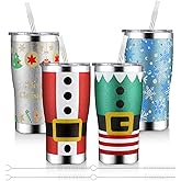 Sieral 4 Pack Christmas Glitter Tumbler Set 20oz Stainless Steel and Double Wall Insulated Travel Coffee Mug with Lid Straws and Brushes for Christmas Gift Friends