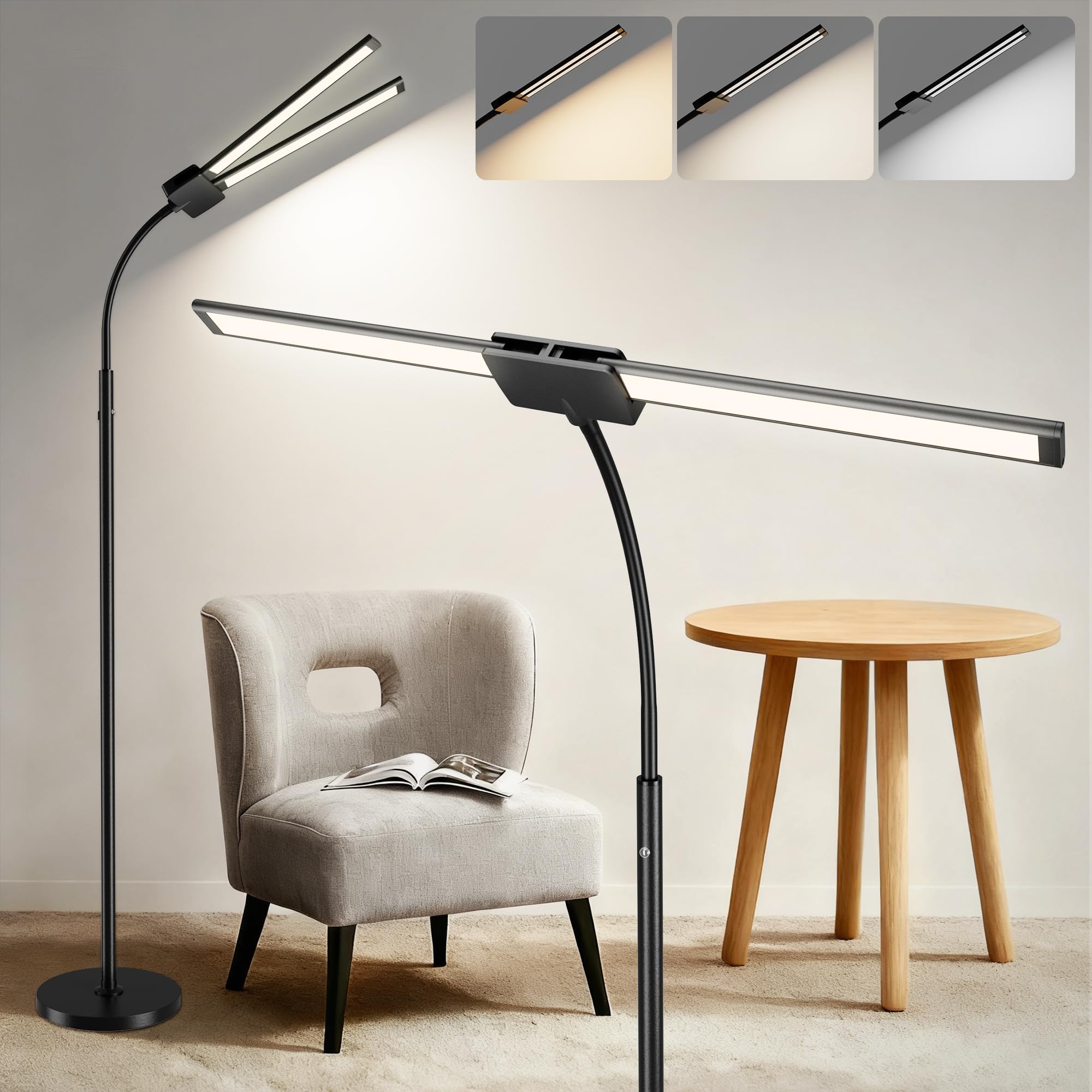 Photo 1 of Cordless LED Floor Lamp with Double Head, 15W Rechargeable Tall Standing Reading Lamp with 8000mAh Battery, Adjustable Gooseneck, Touch Control, Eye-Caring Light for Living Room, Bedroom, and Office