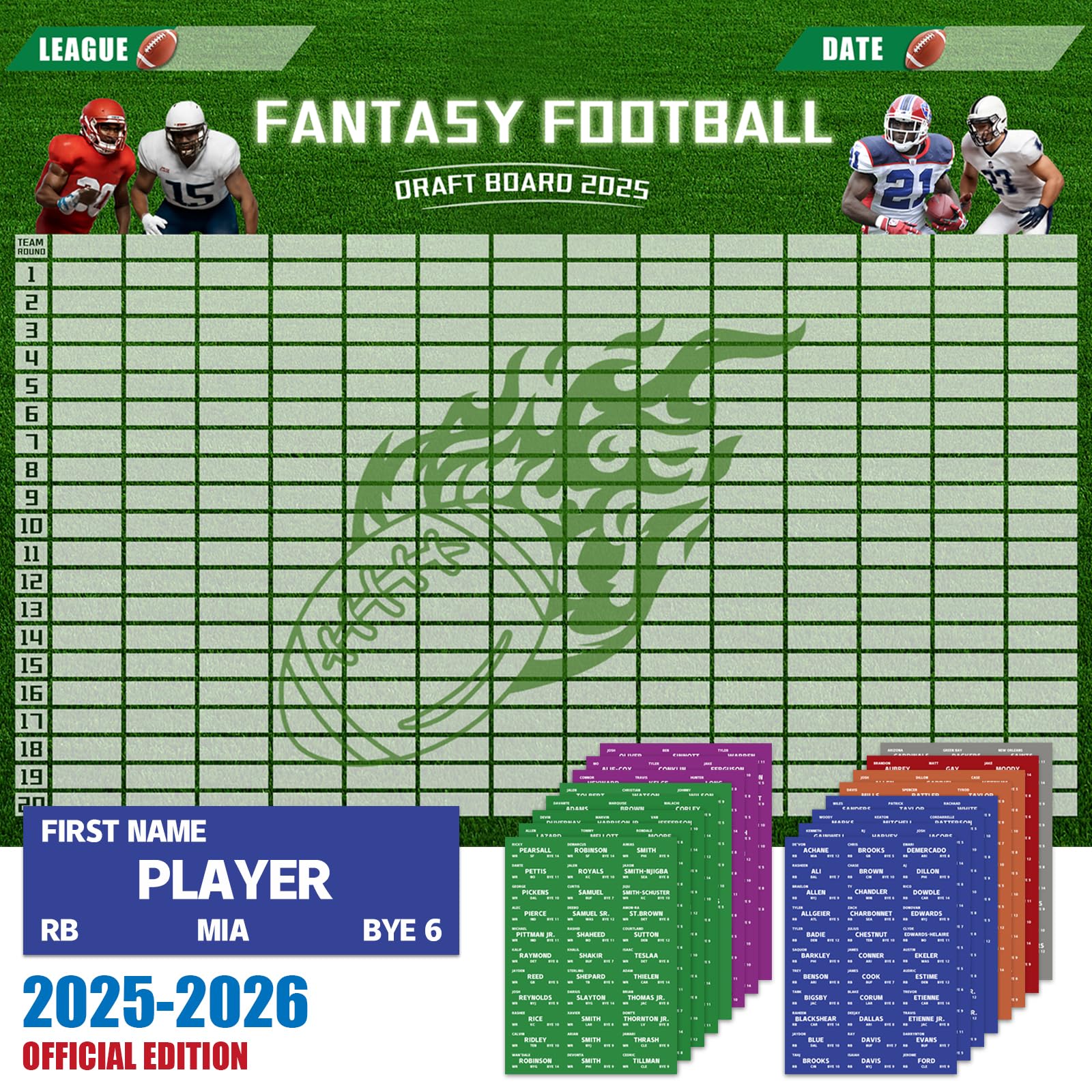 Photo 1 of Fantasy Football Draft Board 2025-2026 Season - Extra Large 5.3 Feet x 3.7 Feet Fantasy Football Draft Kit - 14 Teams 20 Rounds Include 600+ Player Stickers Top Rookies, Blank Lables