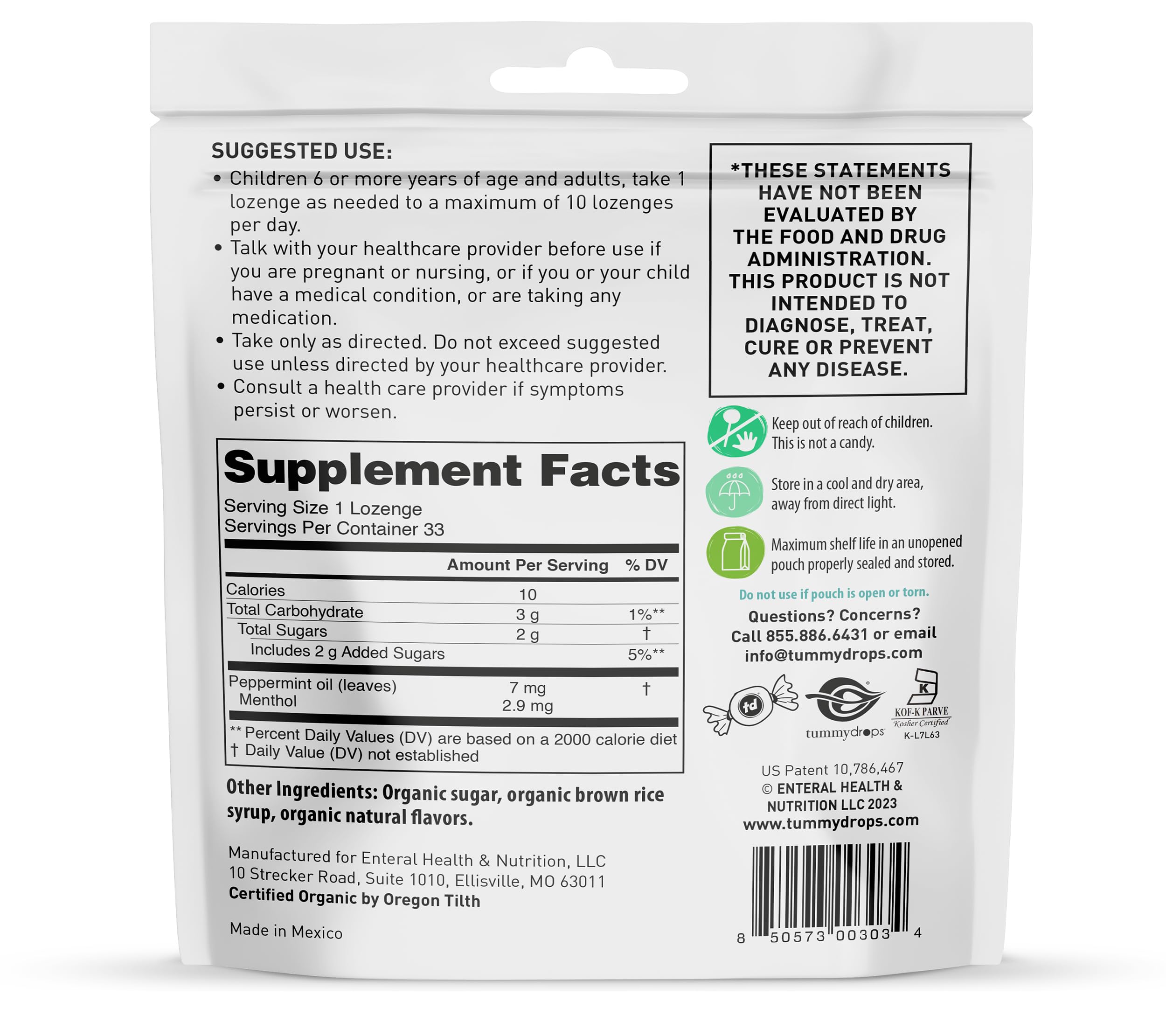 Tummydrops, Natural Peppermint, Gluten Free & Vegan, 33 Individually Wrapped Pure Peppermint Oil Lozenges Made with Organic Ingredients