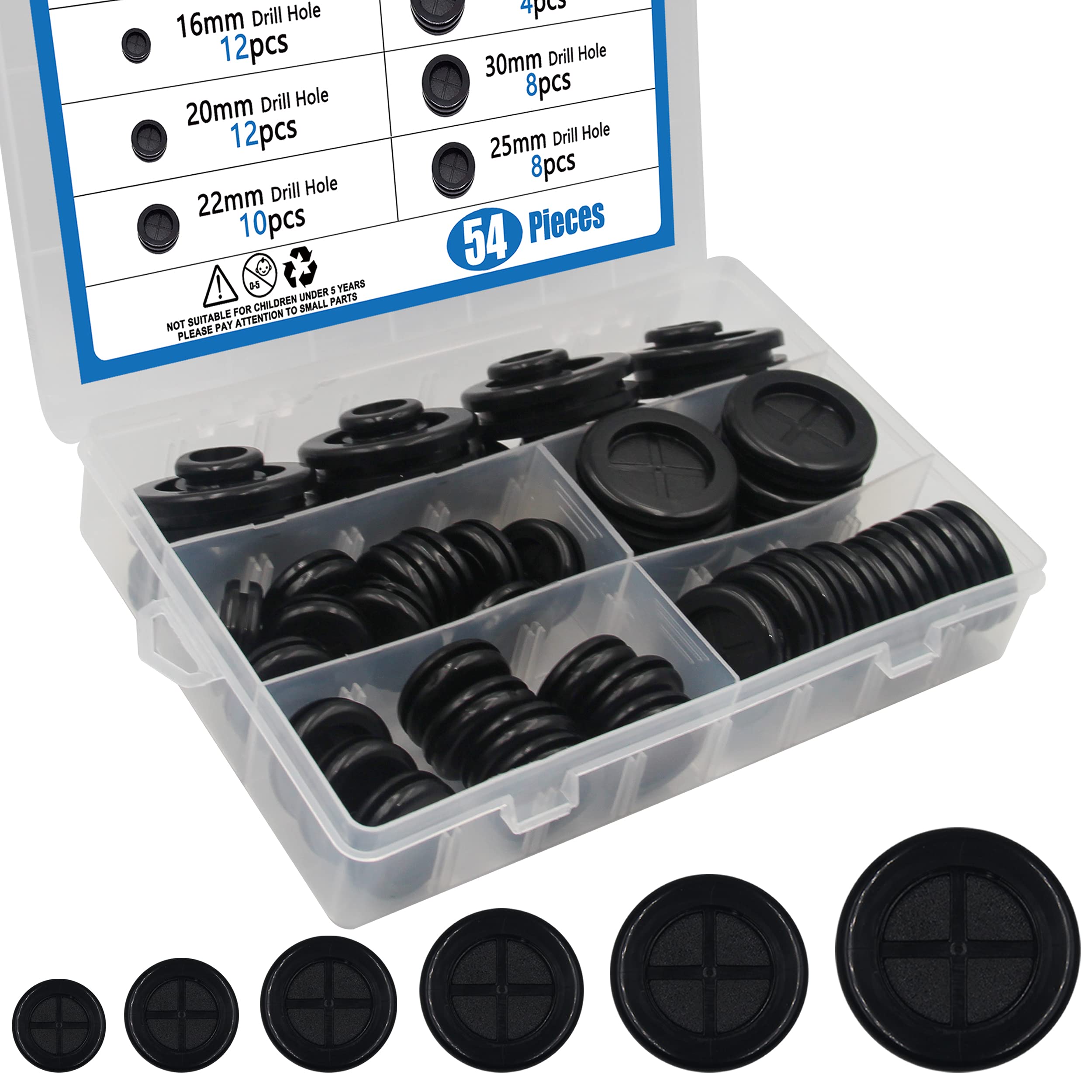 BESTYCHAO Rubber Grommet Assortment Kit, 54pcs 6 Sizes Double Sided Rubber Hole Plug Assortment Kit for Protecting Wires, Plugs and Cables — image 1