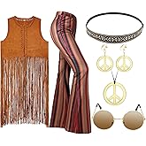 7 Pcs 60s 70s Carnival Outfits for Women Mardi Gras Cosplay Set Disco Hippie Costume Set Fringe Vest Flared Pant