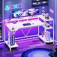 SEDETA White Gaming Desk 55'' with LED Lights and Storage Shelves, Computer Desk with Monitor Stand, Power Outlets and Cup Holder, Large PC Gamer Desk, Gaming Table for Bedroom, Living Room