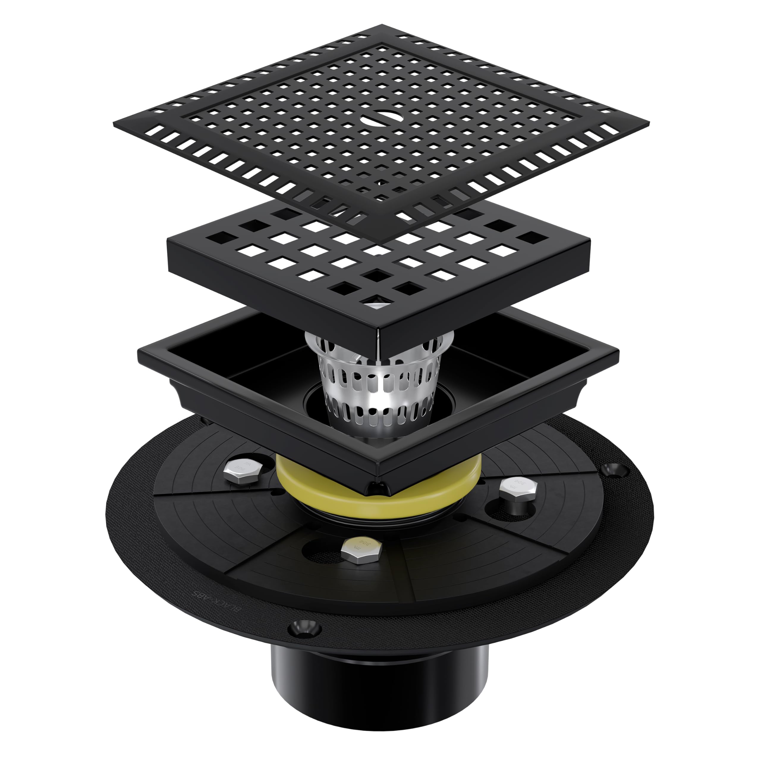 Photo 1 of ***TOP PLATE MISSING***BAOTIYA 4 Inch Square Black Shower Drain Kit with Flange & Lifting Hook, Modern Floor Drain with Removable Quadrato Pattern Grate, Stainless Steel SUS 304 (Matte Black, 4 Inch)***TOP PLATE MISSING***