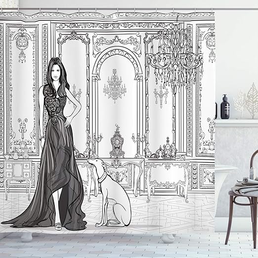Amazon Com Ambesonne Teen Room Shower Curtain Fashion Woman In Victorian Palace With Dog Baroque Illustration Print Cloth Fabric Bathroom Decor Set With Hooks 75 Long Dark Grey Home Kitchen