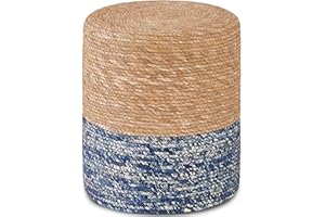 Wimarsbon Natural Seagrass Foot Stool, Hand Weaving Round Ottoman, for Living Room, Outdoor Seat (Natural & Blue)