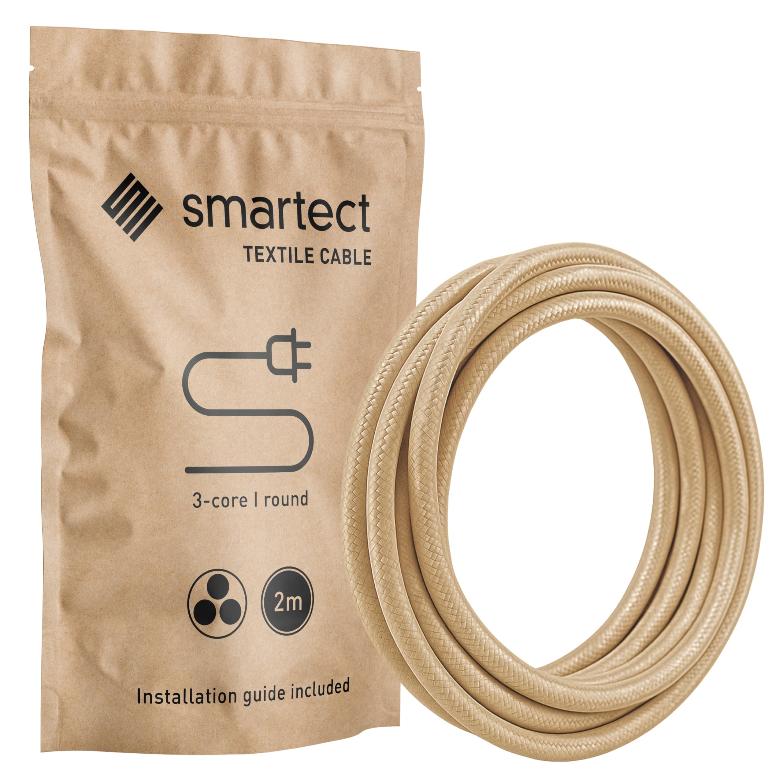 smartect Braided Cable, Light Brown, 2 Metres 3 Core Electrical Cable (3 x 0.75mm²) Vintage Fabric Electrical Wire for your DIY project
