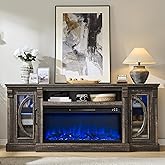 Unineo Crescent TV Stand with Fireplace for up to 80 Inch TV, LED Entertainment Center with 36 Inch Electric Fireplace, Farmhouse TV Console Table w/Glass Door for Living Room, Dark Rustic Oak