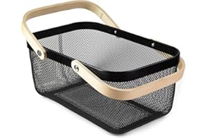 MACOIOR Portable Garden Harvest Basket-Mesh Design Natural Bamboo Handle Wire Storage Baskets,Mesh Basket with Handle Organize Items Reduce Space Occupation,Suitable for Kitchen,Garden,Picnic(Black)