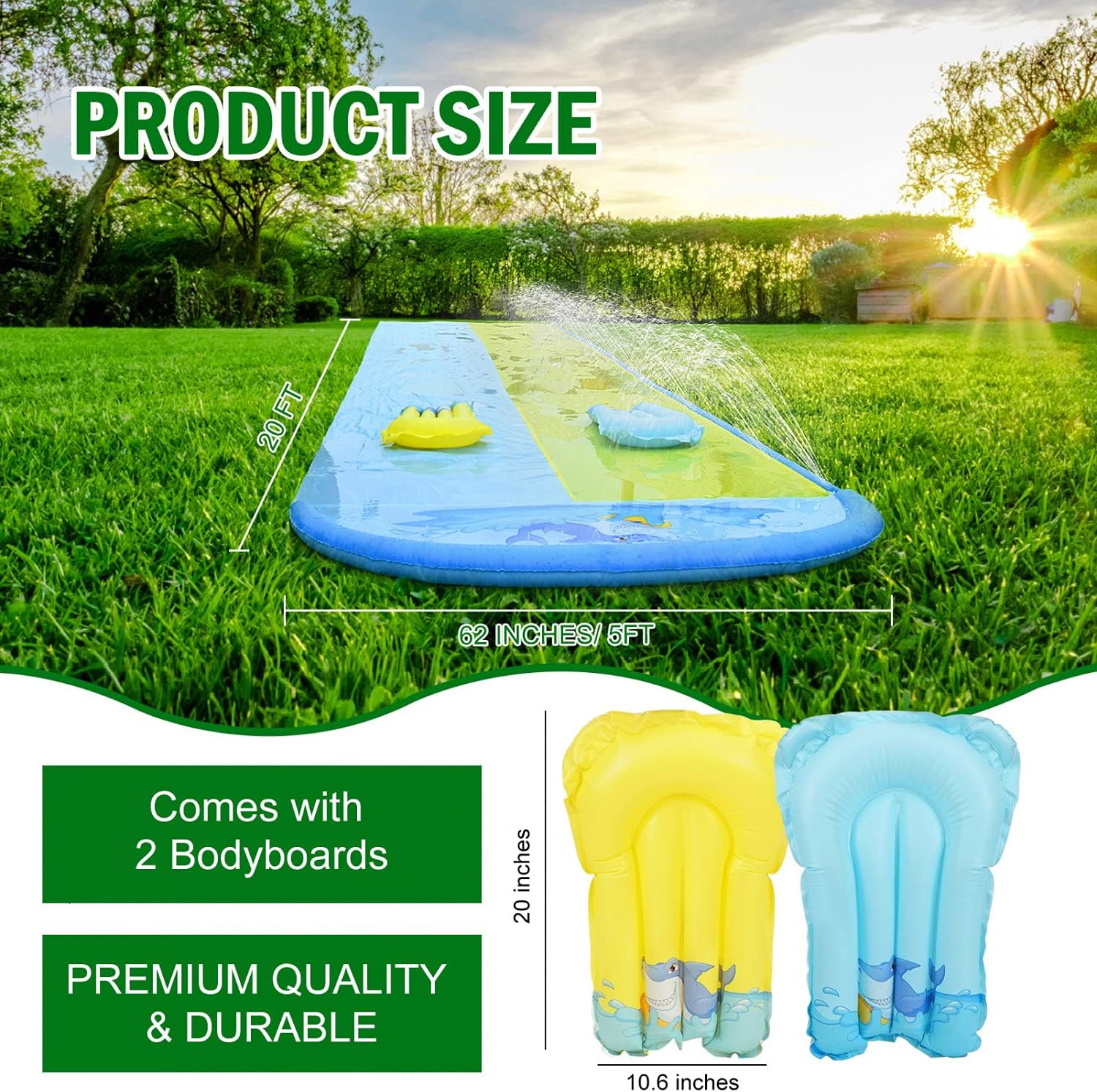 Pomeat 20ft x 62in Slip and Slide Water Slide with 2 Bodyboards, Shark Water Slip Slide for Kids with Sprinkler, Outdoor Summer Water Toy for Backyard, Lawn, Garden, Summer Water Party: Health & Personal Care