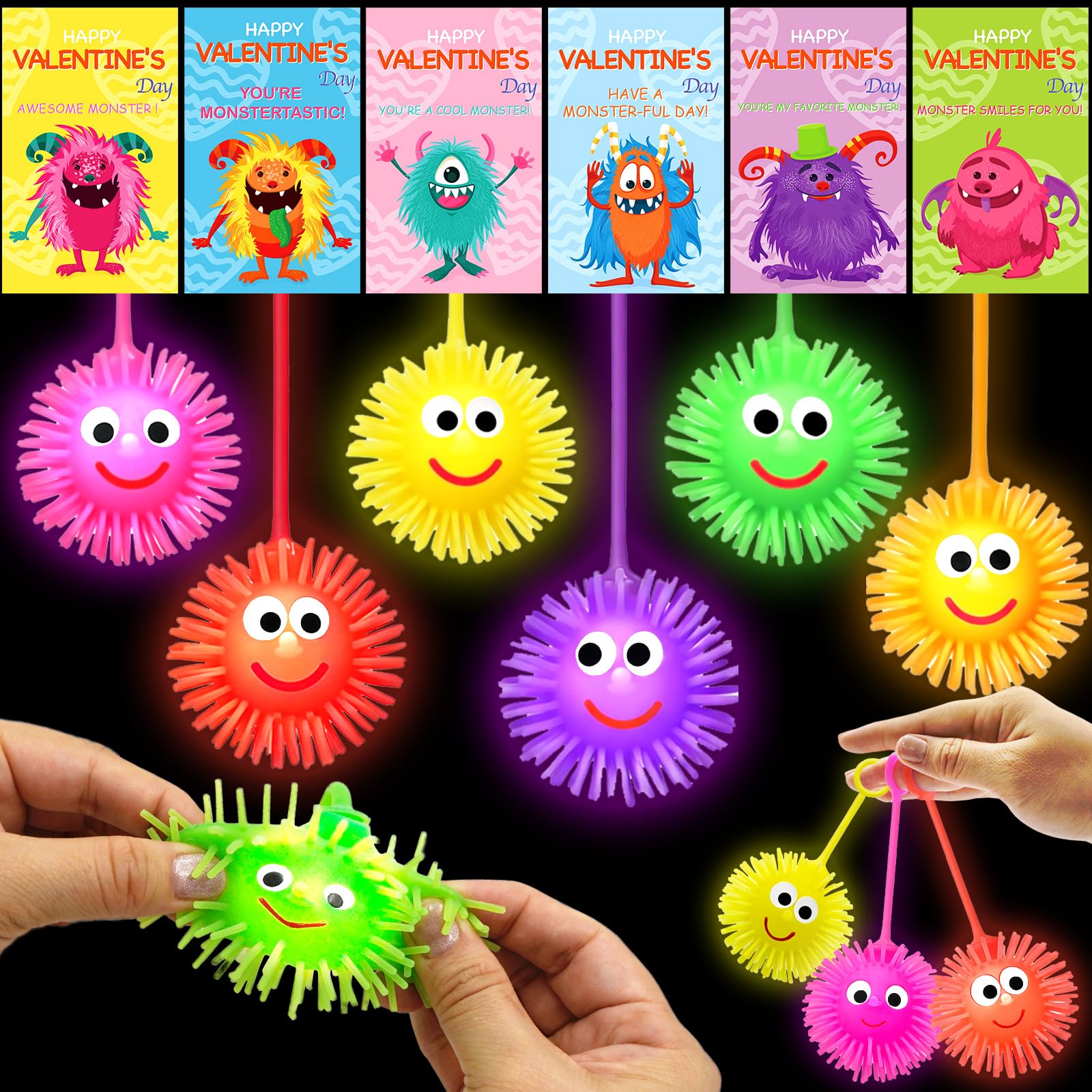 Photo 1 of 24 Pack Valentines LED Puffy Ball Toys ,Valentines Day Gifts with Valentine Cards Flashing Spiky Ball Toys Bulk Stress Relief School Classroom Prizes for Kids Boy Girl Exchange Gifts Party Favors