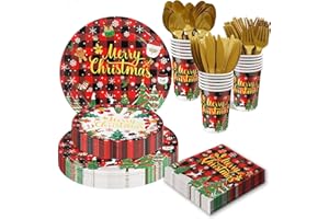 OUNIY Christmas Paper Plates and Napkins Set, 175 Pcs Christmas Party Supplies Tableware Set, Disposable Dinnerware Christmas Holiday Foil Gold Plates Cups Napkins Party Supplies for Xmas Party