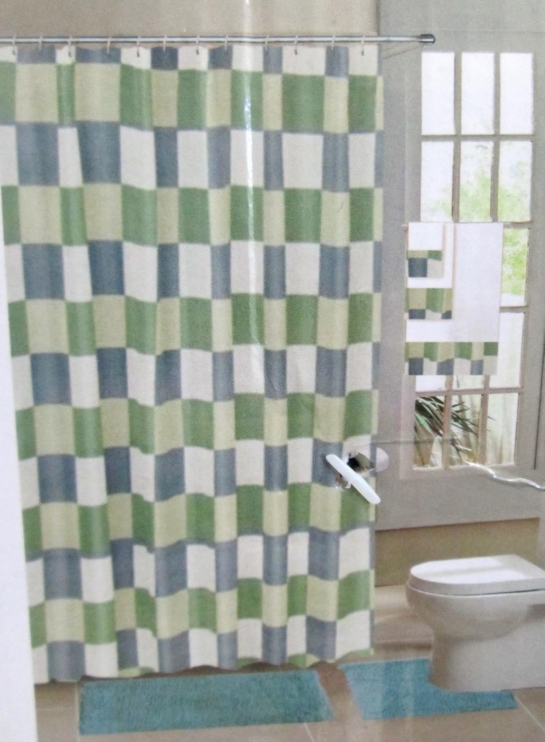 Amazon 4PC CHECKERS BLUE BEIGE BATHROOM SET BATH MATS B0195D4HZQ