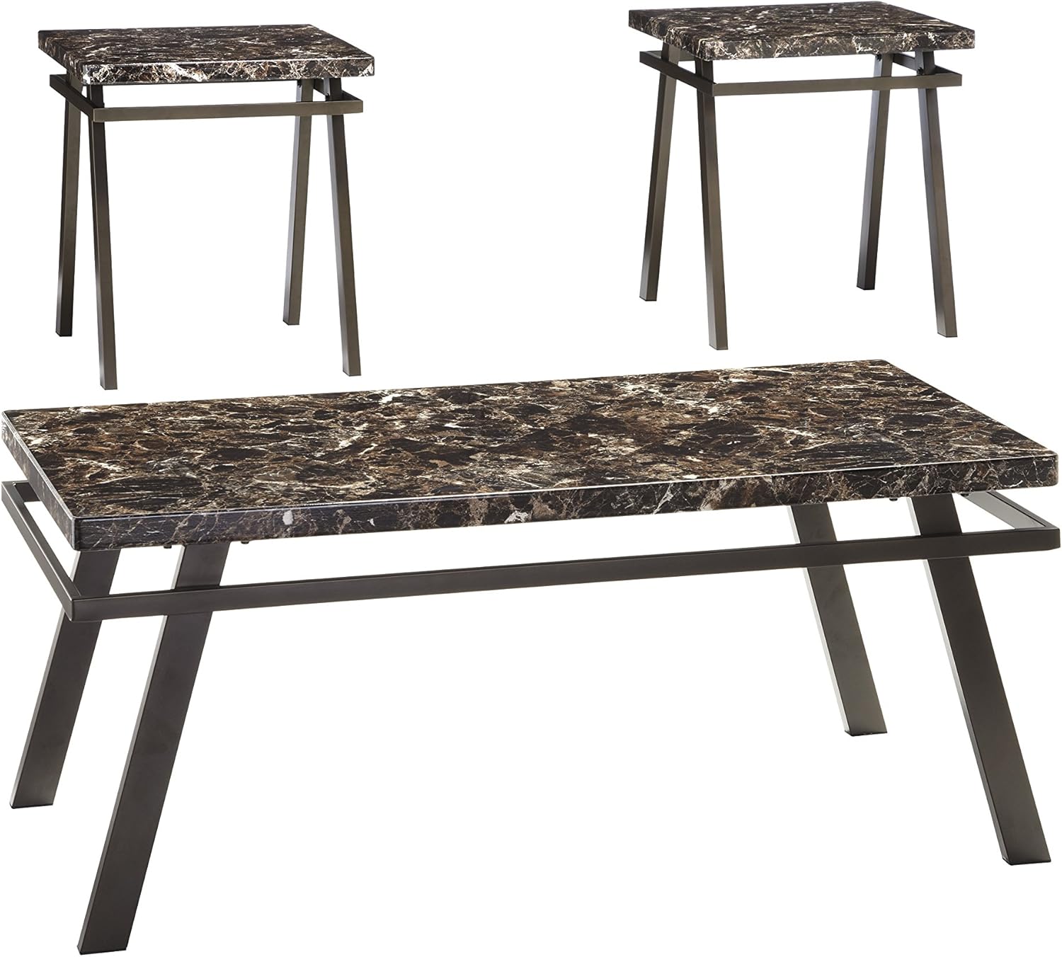 Signature Design by Ashley - Paintsville Faux Marble Coffee Table Set - Includes Coffee Table & 2 End Tables, Bronze Finish