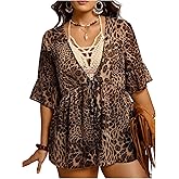 BEAUDRM Women's Plus Size Leopard Peplum Blouse Cheetah Tie Front Deep V Neck Half Sleeve Ruffle Shirts