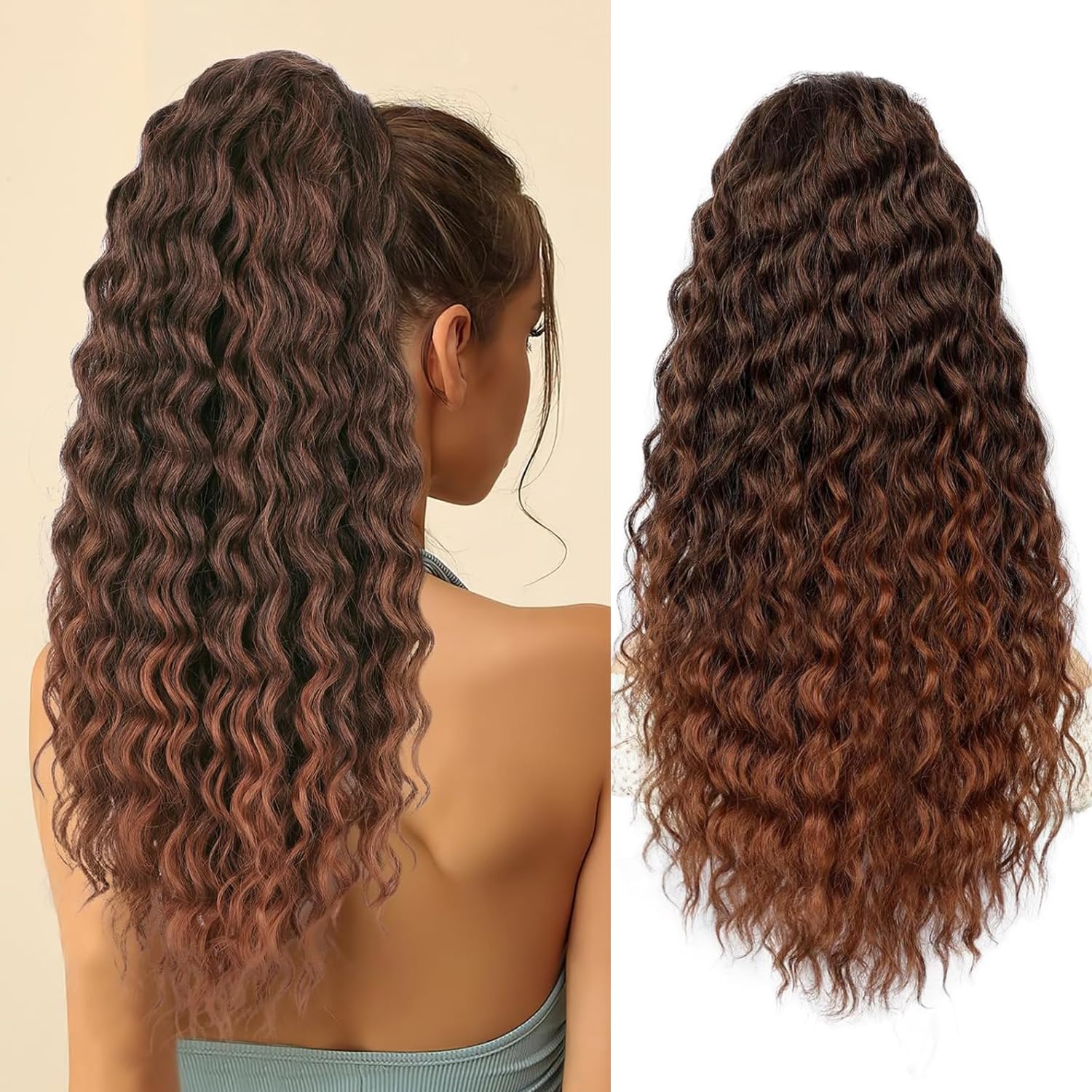 colorfulpanda Long Drawstring Curly Ponytail Hair Piece for African, American Ponytail Extension Synthetic Hair Afro Kinky Curly Ponytail with Clip in Hairpiece for Women,18 inch(Black/Ginger Brown)
