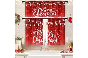Nesphy Kitchen Curtains Christmas Tree Fairy Lights Red Valances and Window Curtains 3 Pcs Set Snowflake Xmas Winter Star Short Tier Curtain for Room Treatment Small Kitchen Window Decor