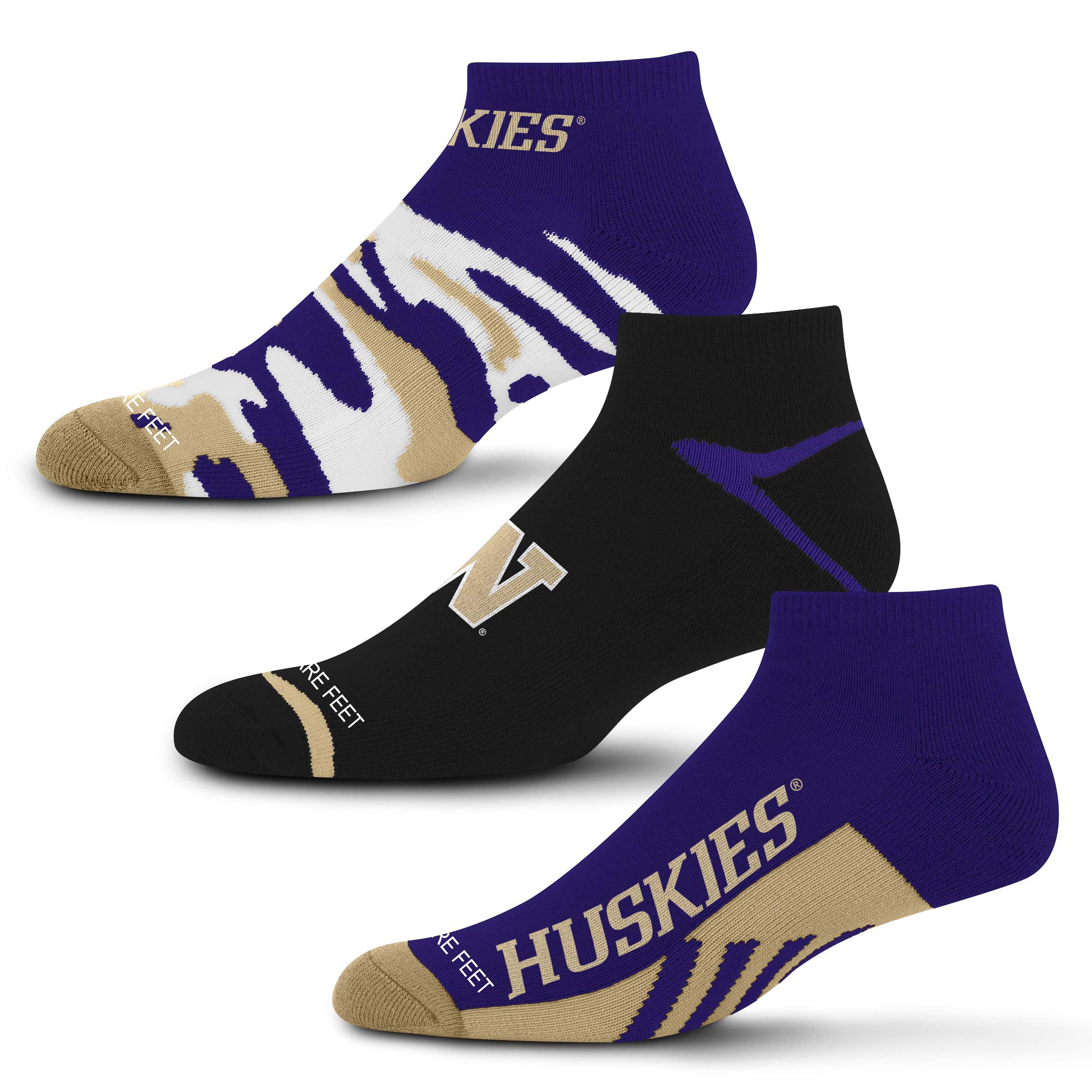 For Bare Feet NCAA Washington Huskies CAMO BOOM 3 Pack Ankle Sock Team Colors Medium Image